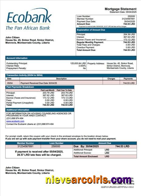 Liberia Ecobank Liberia mortgage statement Word and PDF template